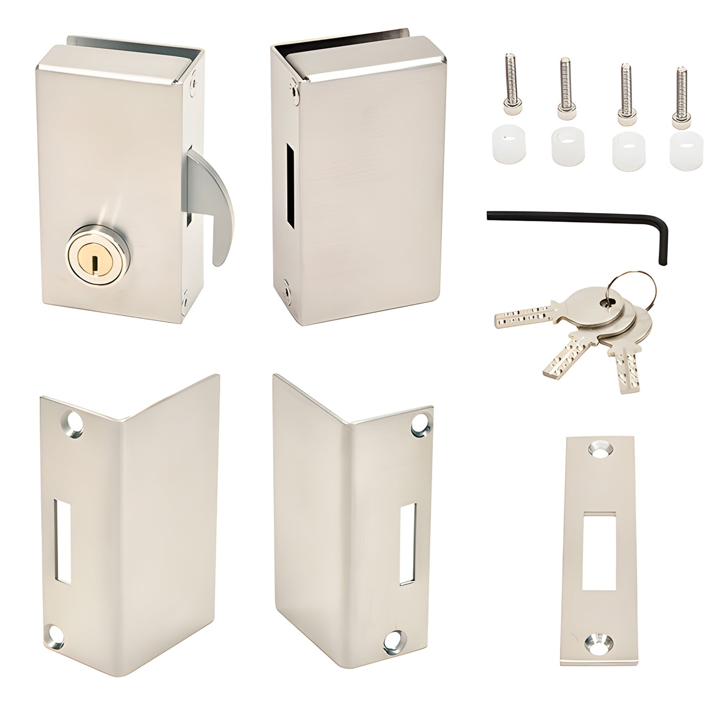 SGDLBSL brushed stainless sliding glass door lock kit with lock, keeper, strike, adapters, screws, hex key and keys