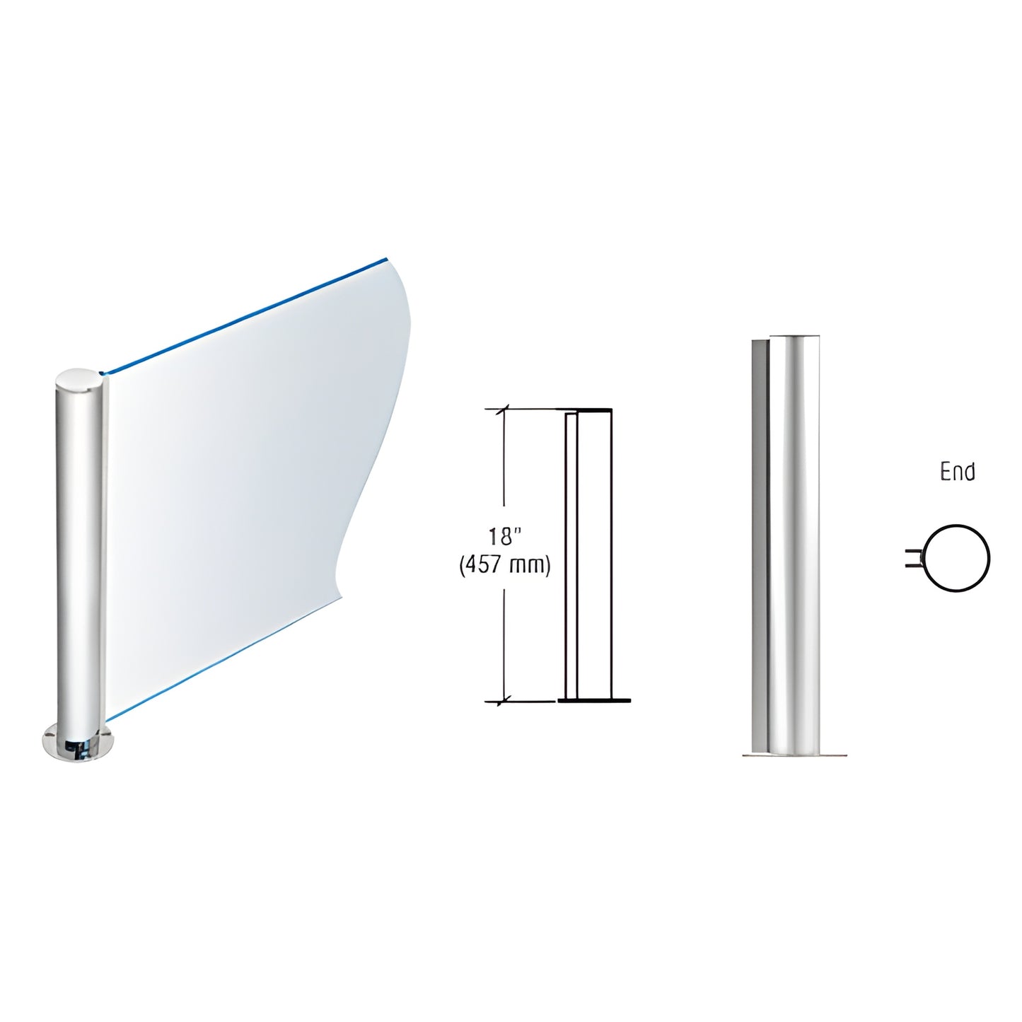 PP0818EPS 18" polished stainless steel round end post with full-length U-channel for 1/4" glass, welded base.