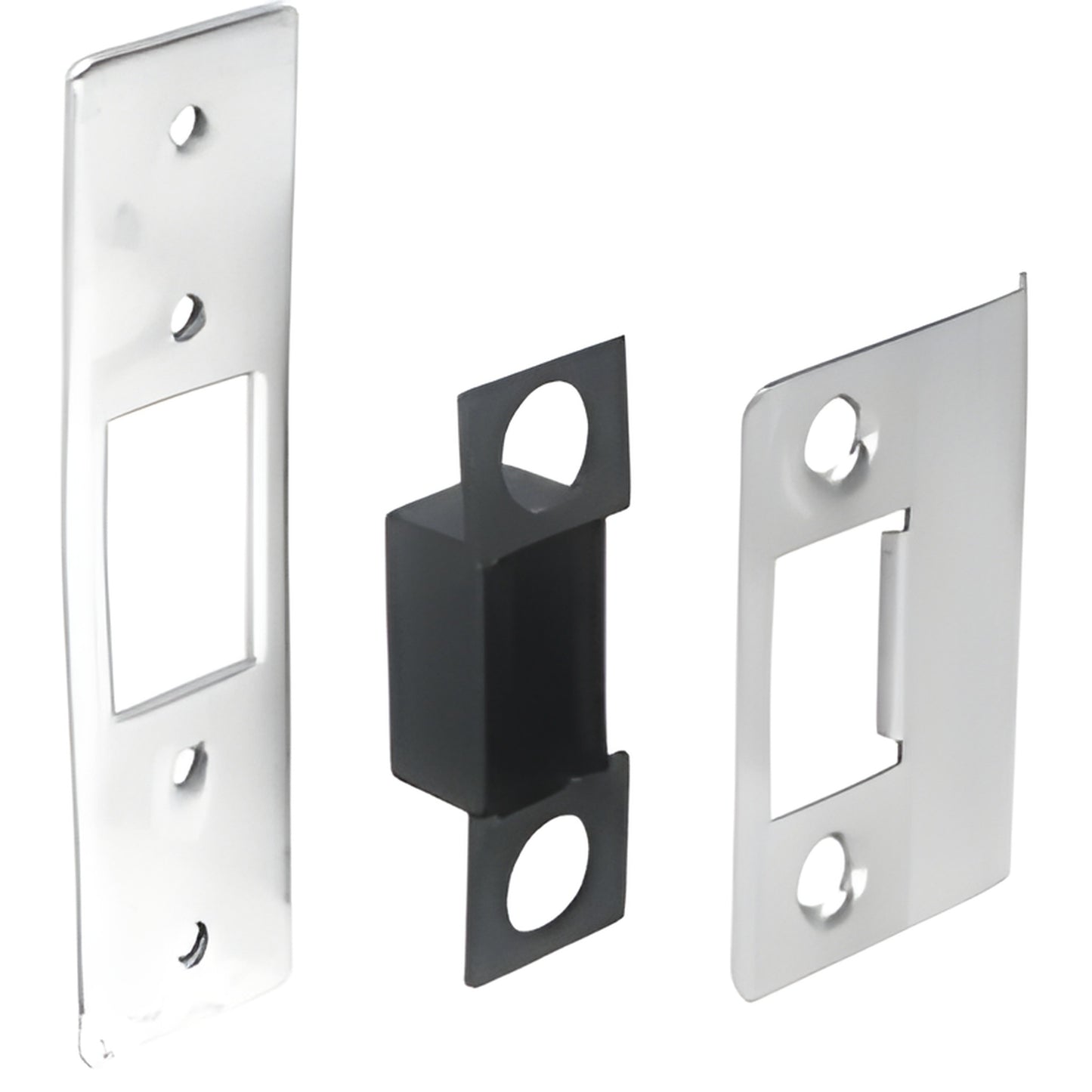 DL4515 brushed stainless steel lock strike kit with backup plate and black dust box, universal fit for glass doors.