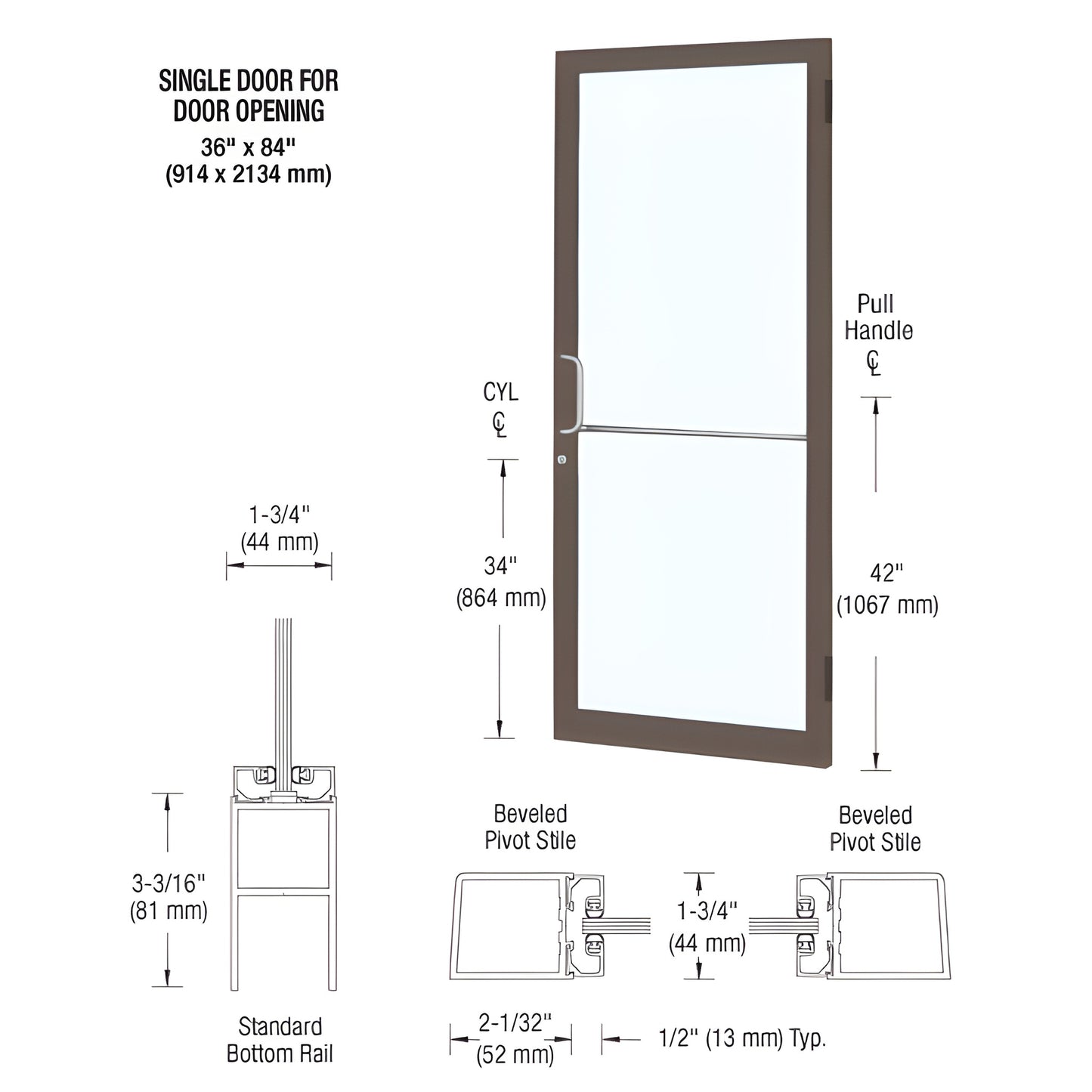 DC21522 black bronze anodized narrow-stile commercial glass entrance door, 36x84, push/pull, keyed cylinders