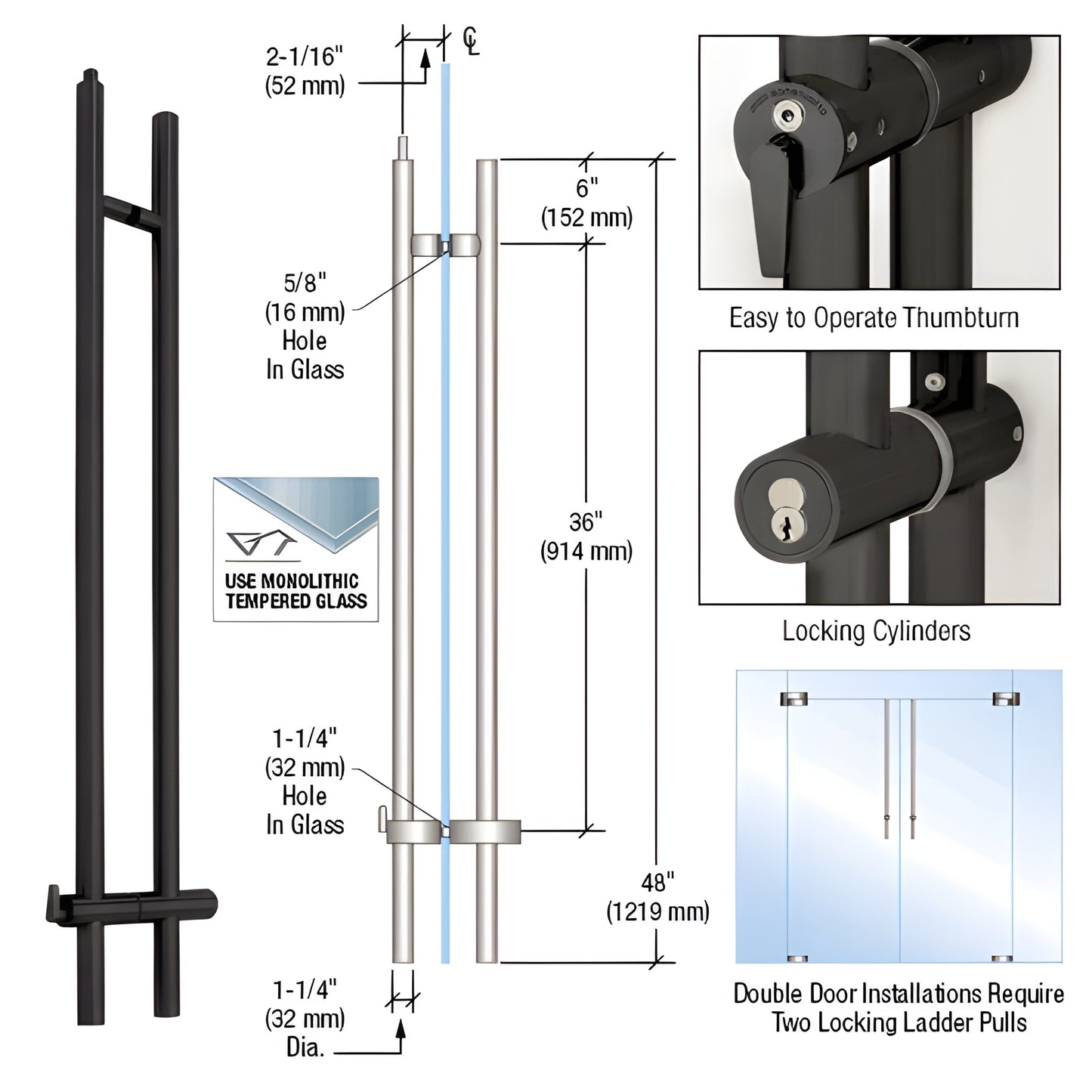 LLPUA48MBL matte black 48 in upward-locking ladder pull for 1/2-3/4 in tempered glass doors; ceiling-locking with ADA thumbtu