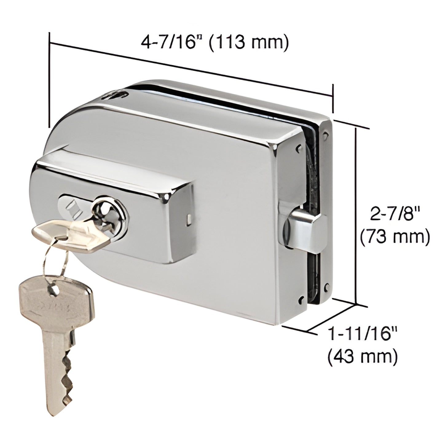 PTH25BS brushed stainless patch lock for 3/8 or 1/2 in frameless glass doors; keyed cylinder, includes keys.