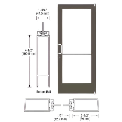 CRL-U.S. Aluminum Bronze Black Anodized 400 Series Medium Stile (RHR) HRSO Single 3'0 x 7'0 Offset Hung with Pivots for Surf Mount Closer Complete Door for 1" Glass with Standard MS Lock, 7-1/2" Standard Bottom Rail