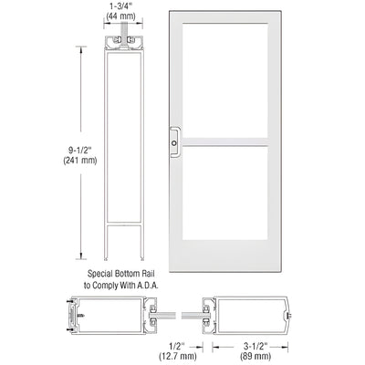 CRL-U.S. Aluminum White KYNAR® Paint 400 Series Medium Stile Active Leaf of Pair 3'0 x 7'0 Center Hung for OHCC w/Standard Push Bars Complete Panic Door with Std. Panic and 9-1/2" Bottom Rail