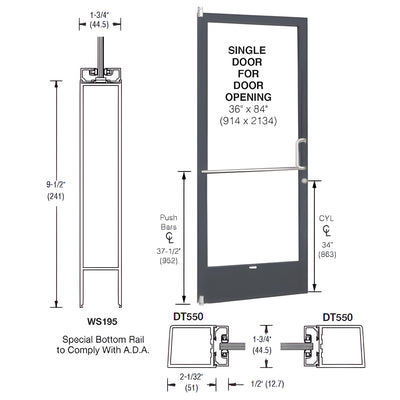 CRL-U.S. Aluminum Bronze Black Anodized 250 Series Narrow Stile (LHR) HLSO Single 3'0 x 7'0 Offset Hung with Pivots for Surf Mount Closer Complete Door for 1" Glass with Standard MS Lock and Bottom Rail