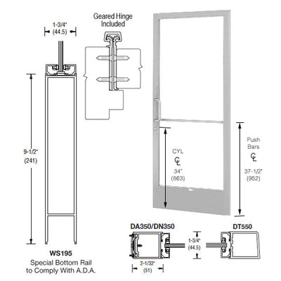 CRL-U.S. Aluminum Clear Anodized 250 Series Narrow Stile Active Leaf of Pair 3'0 x 7'0 Offset Hung with Geared Hinged Complete ADA Door with Lock Indicator, Cylinder Guard - for 1/4" Glazing
