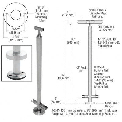 CRL Brushed Stainless 42" CRS Stainless Steel 180º Center Post Kit