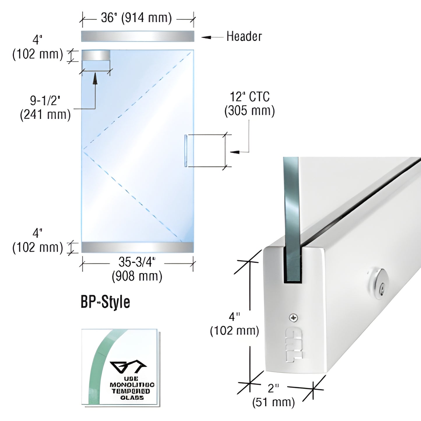 CRL BP-style frameless glass door kit, polished stainless steel rails, accepts 1/2" (12mm) tempered glass - SKU BP4PS12SEL