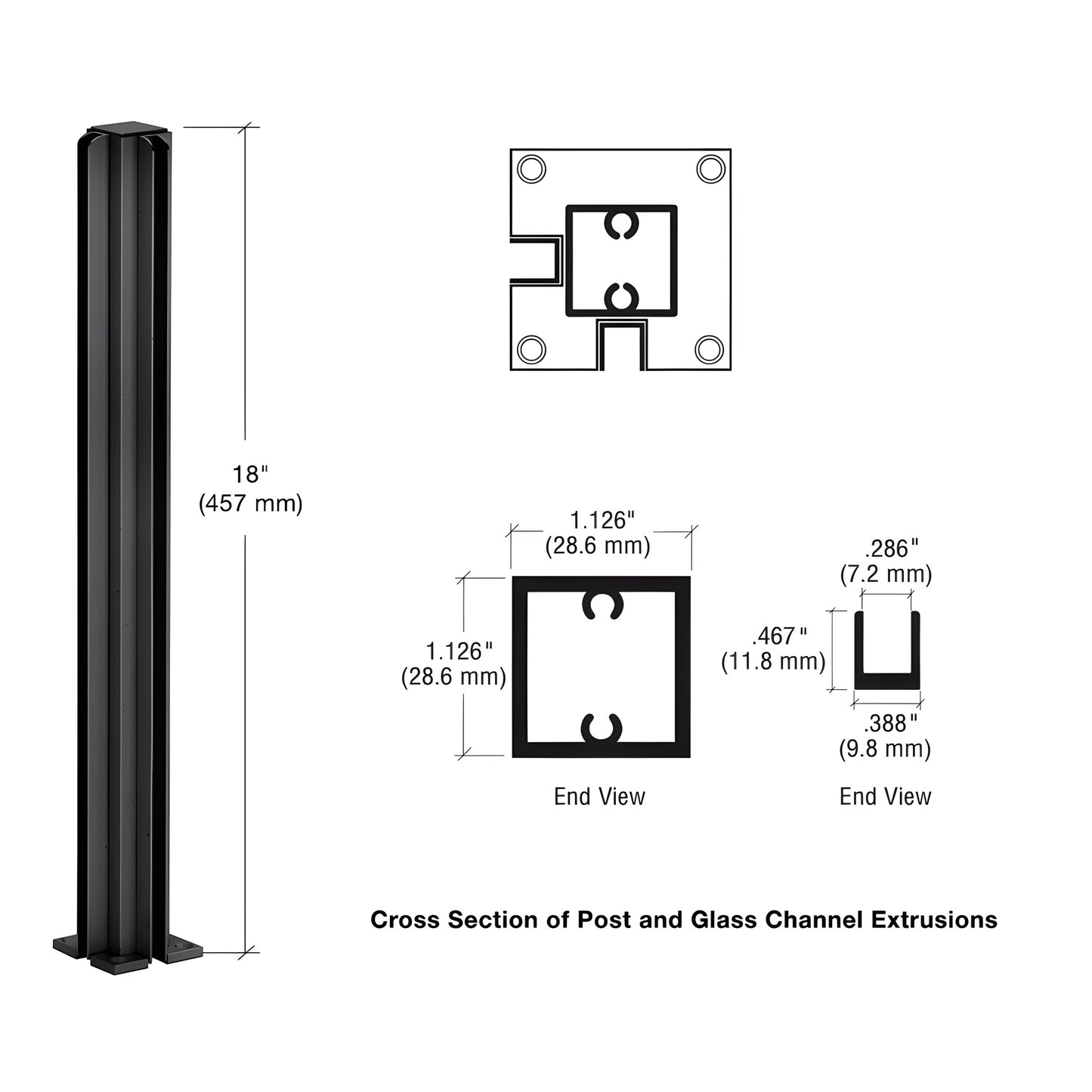 CRL D990DU18CR dark bronze anodized 18 in. aluminum 90 corner partition post with U-channel glazing for 1/4 in. glass