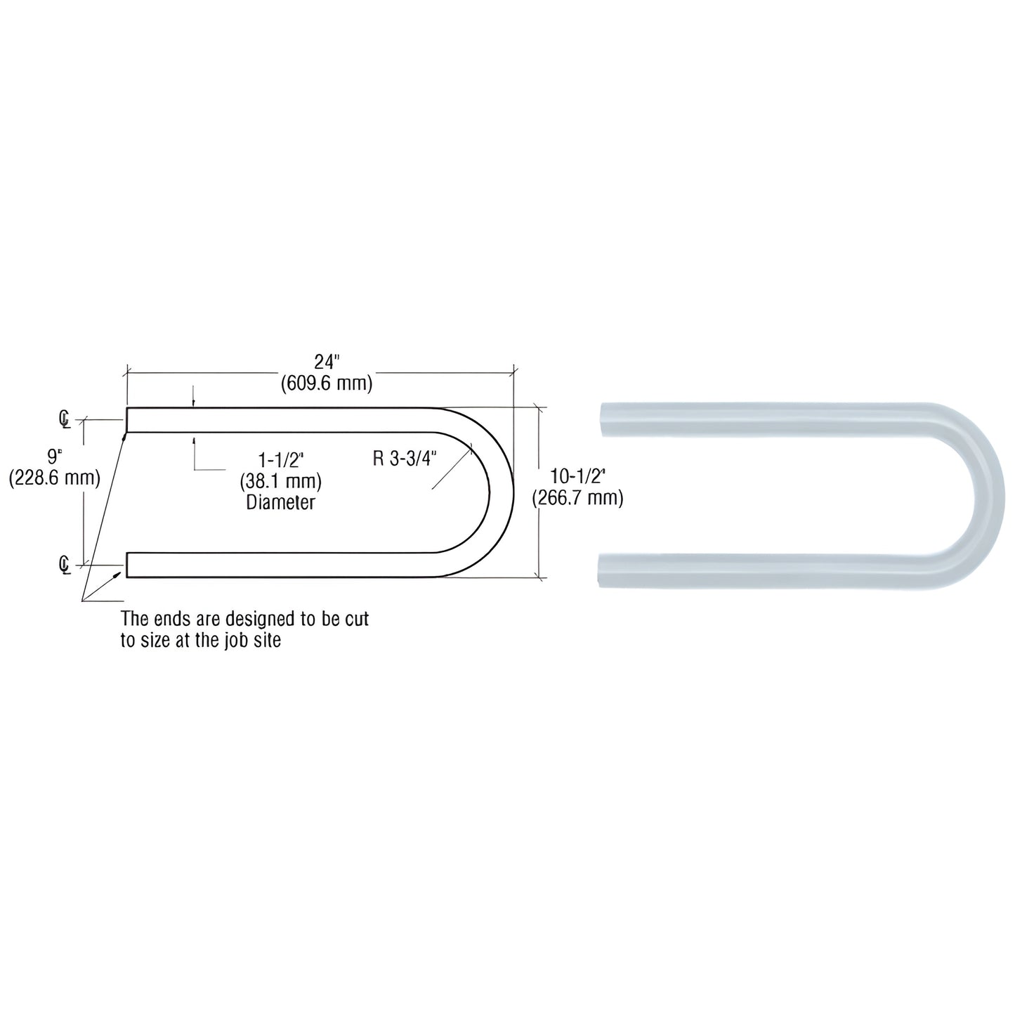 ARLR1M aluminum quick-connect looped handrail return, 1-1/2" dia, 24" length, mill finish, 10.5" width