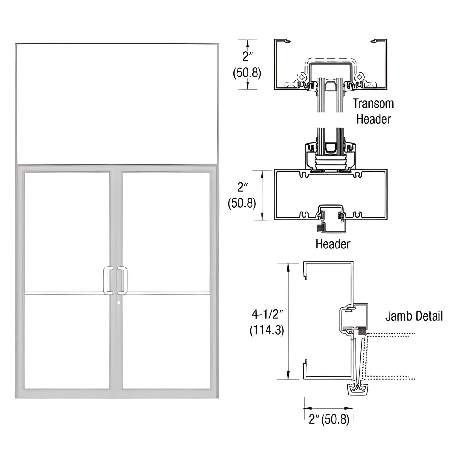 Clear anodized aluminum gear-hinge transom frame with double doors and transom, dimensional detail drawing - SKU 0B92811