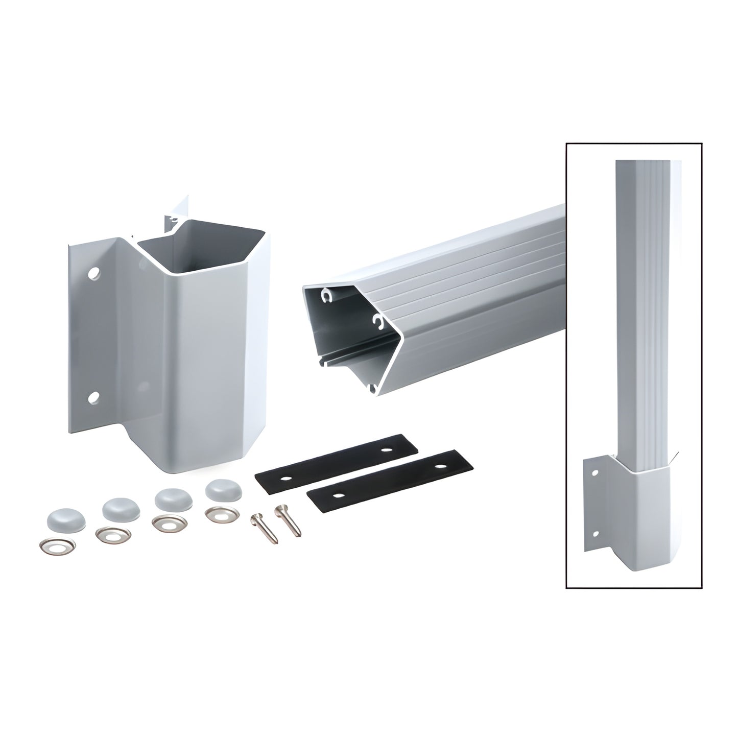 FP548KM 135 aluminum inside corner fascia mount post kit, mill finish - post, fascia bracket, rubber gaskets, washers, bolt
