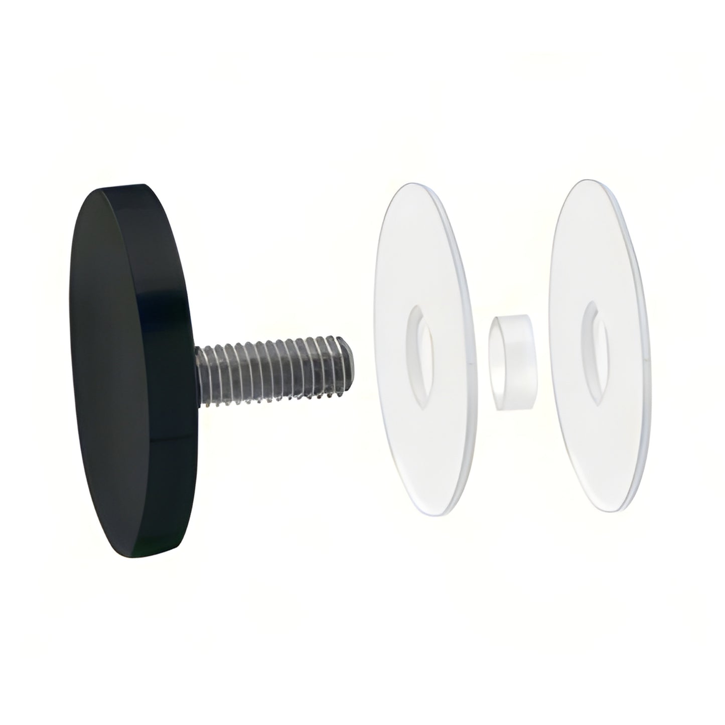 Exploded view of CAP2MBL 2" matte-black stainless standoff cap with 3/8-16 threaded stud, washer and sleeve