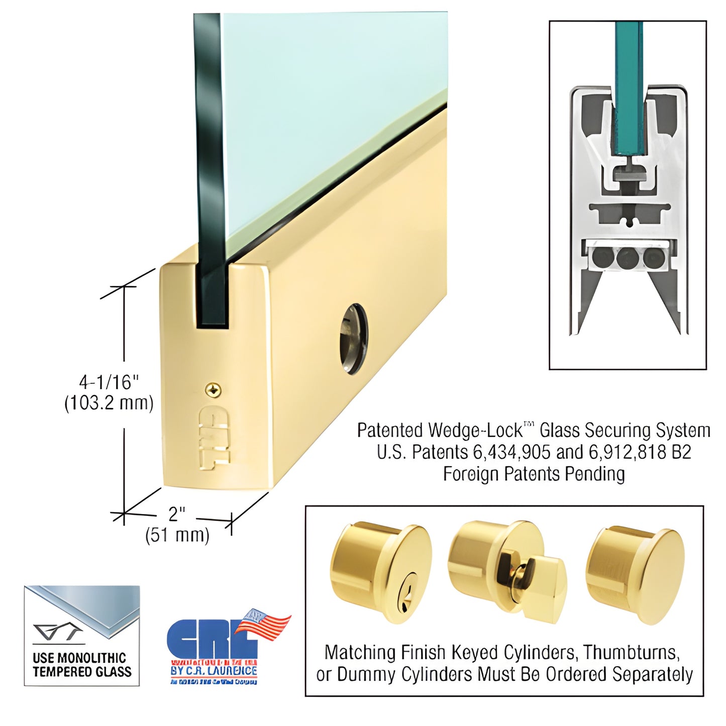 Polished brass 4 in square Wedge-Lock door rail, 35-3/4 in for 1/2 in glass, includes lock (DR4SPB12SL)