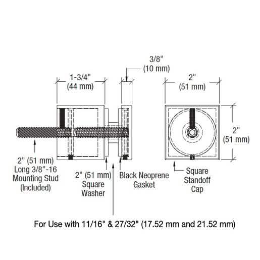 CRL 316 Brushed Stainless Glass Rail Standoff Base & Cap, 1-3/4" Projection, Square Design