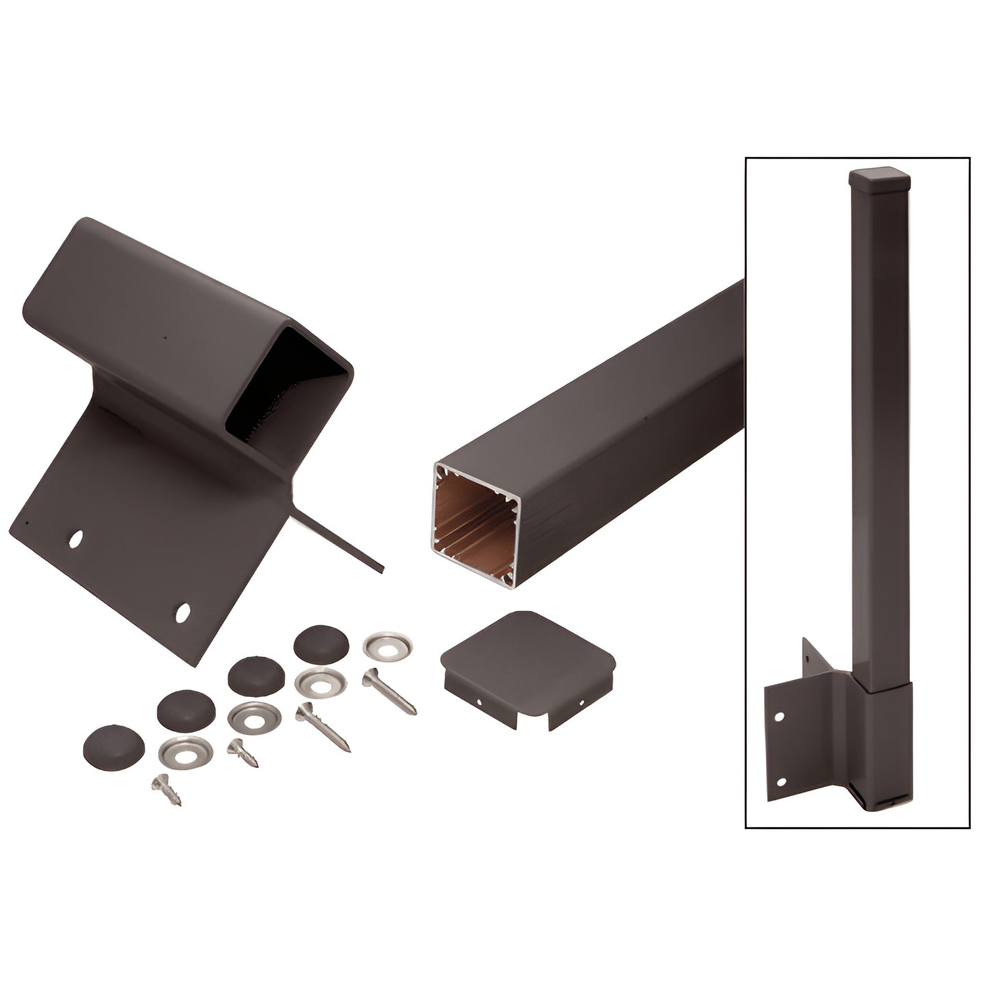 FP936KBRZ matte bronze 46" square aluminum fascia-mount handrail post kit with bracket, cap, screws and washers