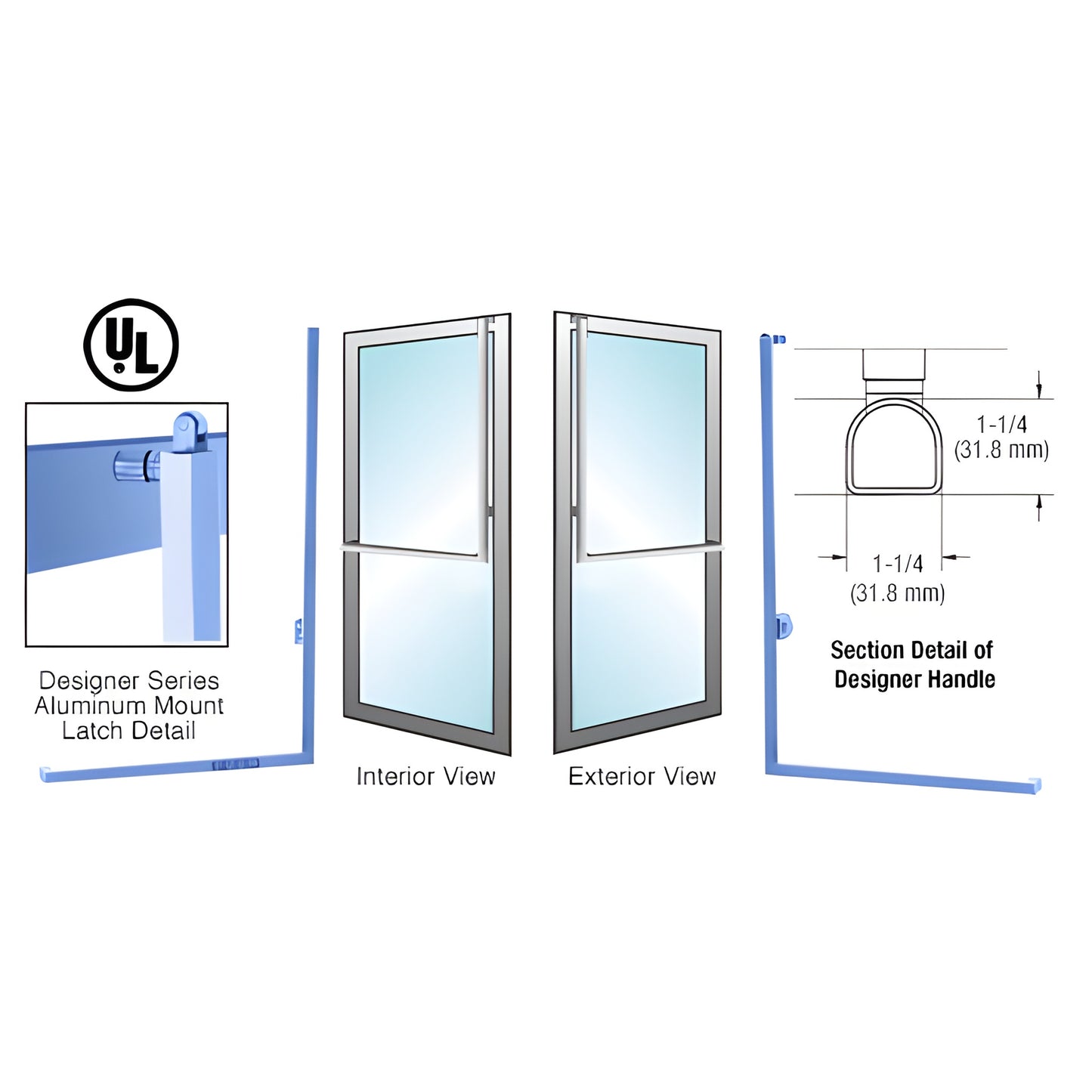 DPA100D3AKPT Designer D shape panic handle for glass doors, 1-1/4 , Alloy 316 stainless, exterior keyed, right hand