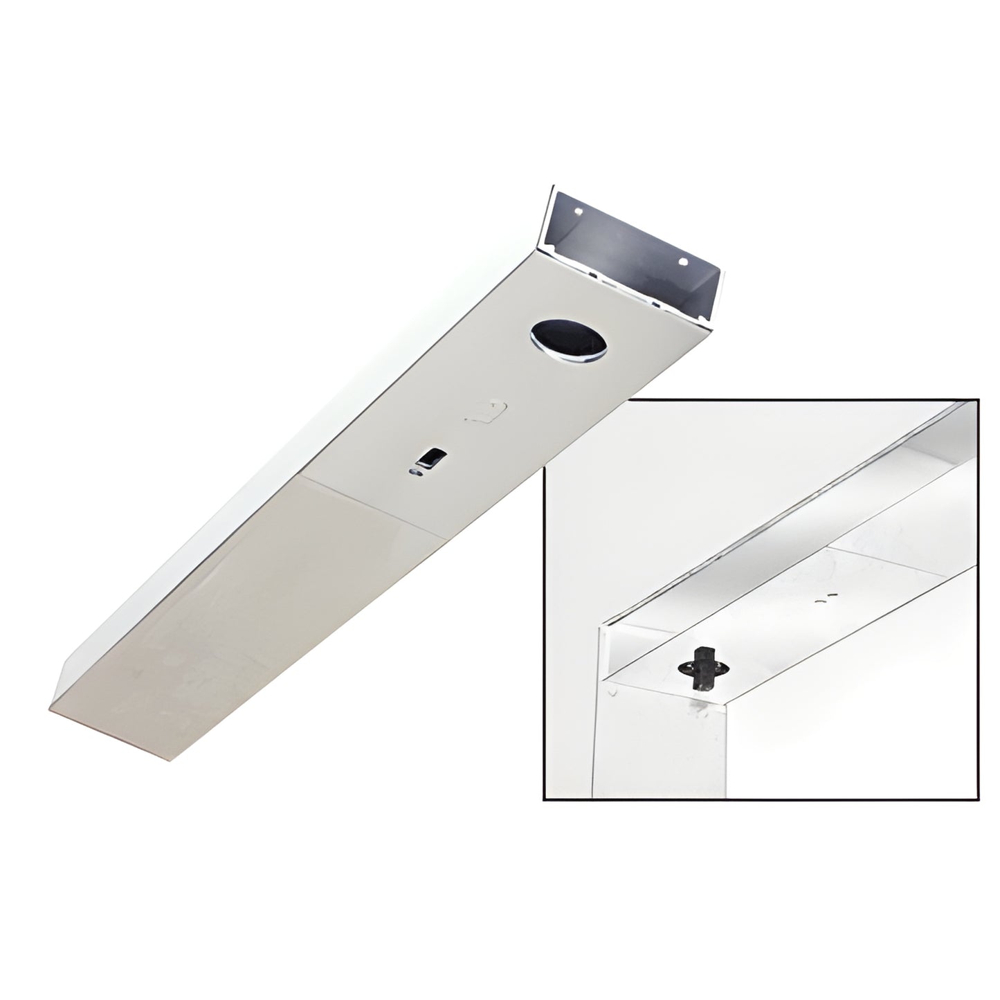 Polished stainless steel single door header DCHPSCS with snap-in closer cover, rectangular overhead profile.