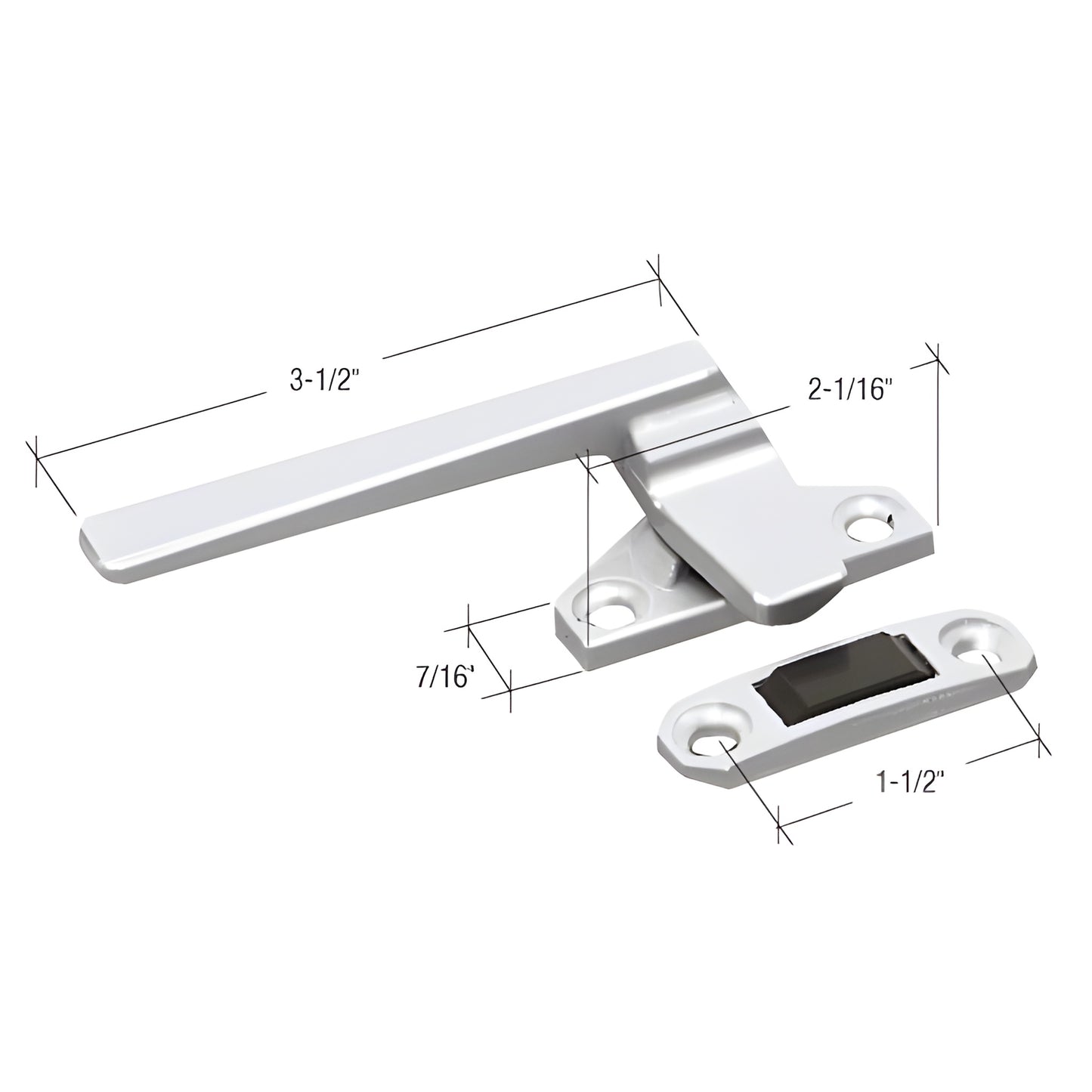 Aluminum left-hand casement window locking handle with strike keeper, screws, 3-1/2" handle (SKU H3596)