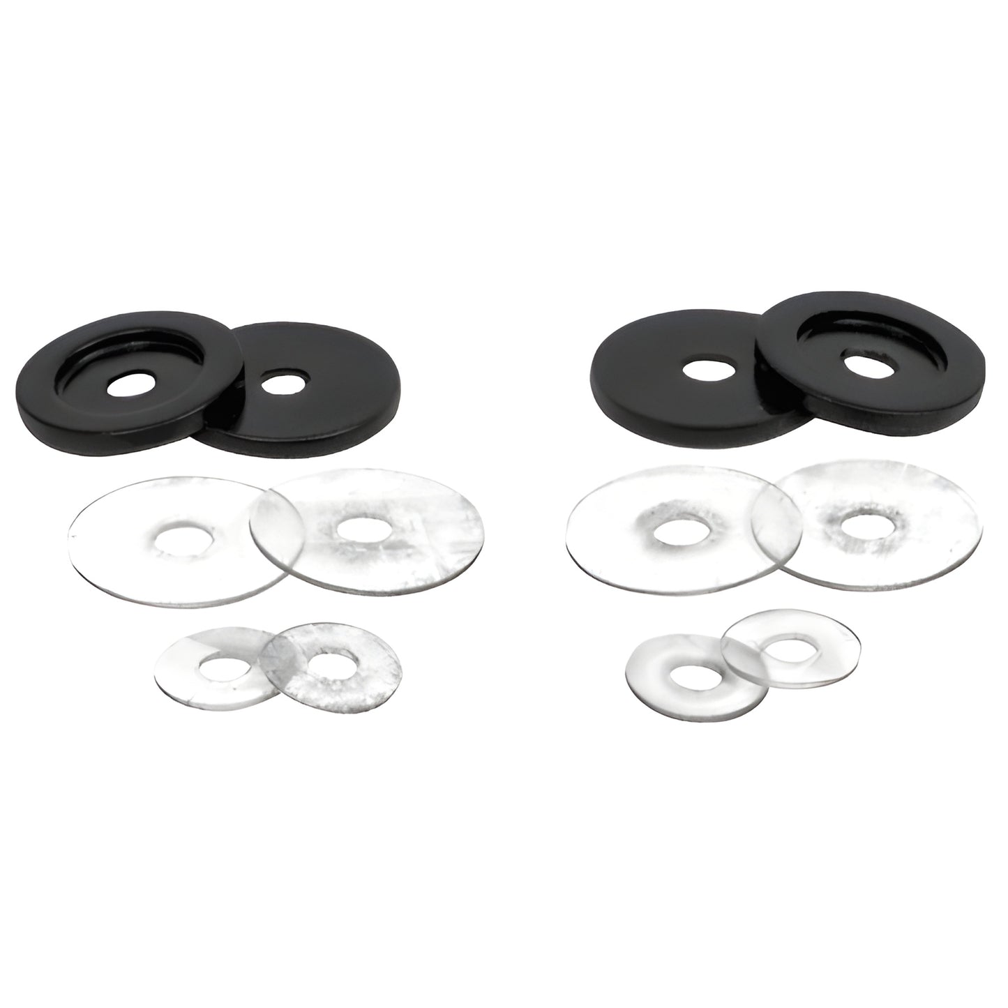 Matte black brass end caps with clear plastic washers for 3/4" pulls - kit: 4 metal, 8 plastic (SKU 30WKMBL)