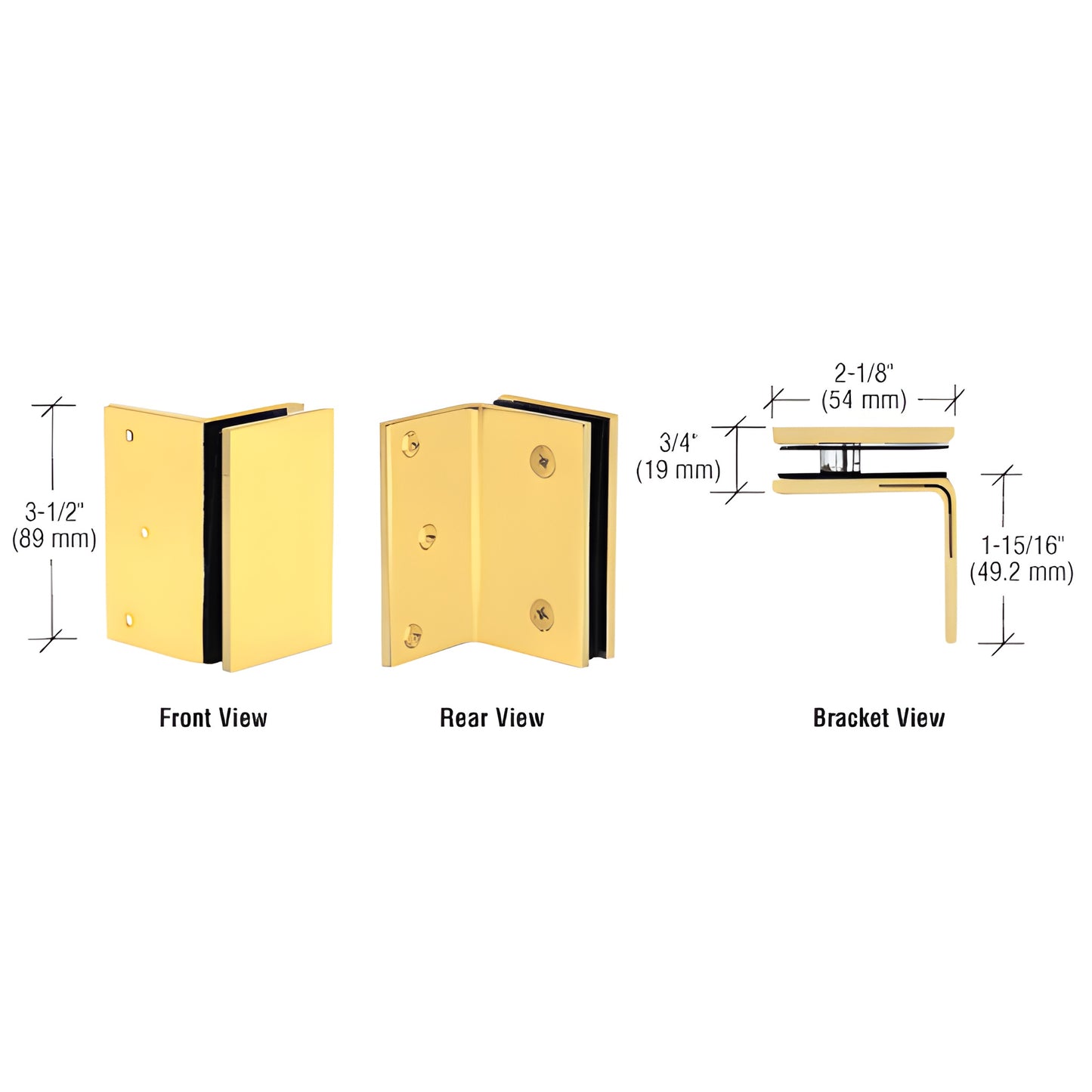GE90SSB satin brass Geneva square-corner wall-mount bracket, solid brass, fits 8-12mm glass.