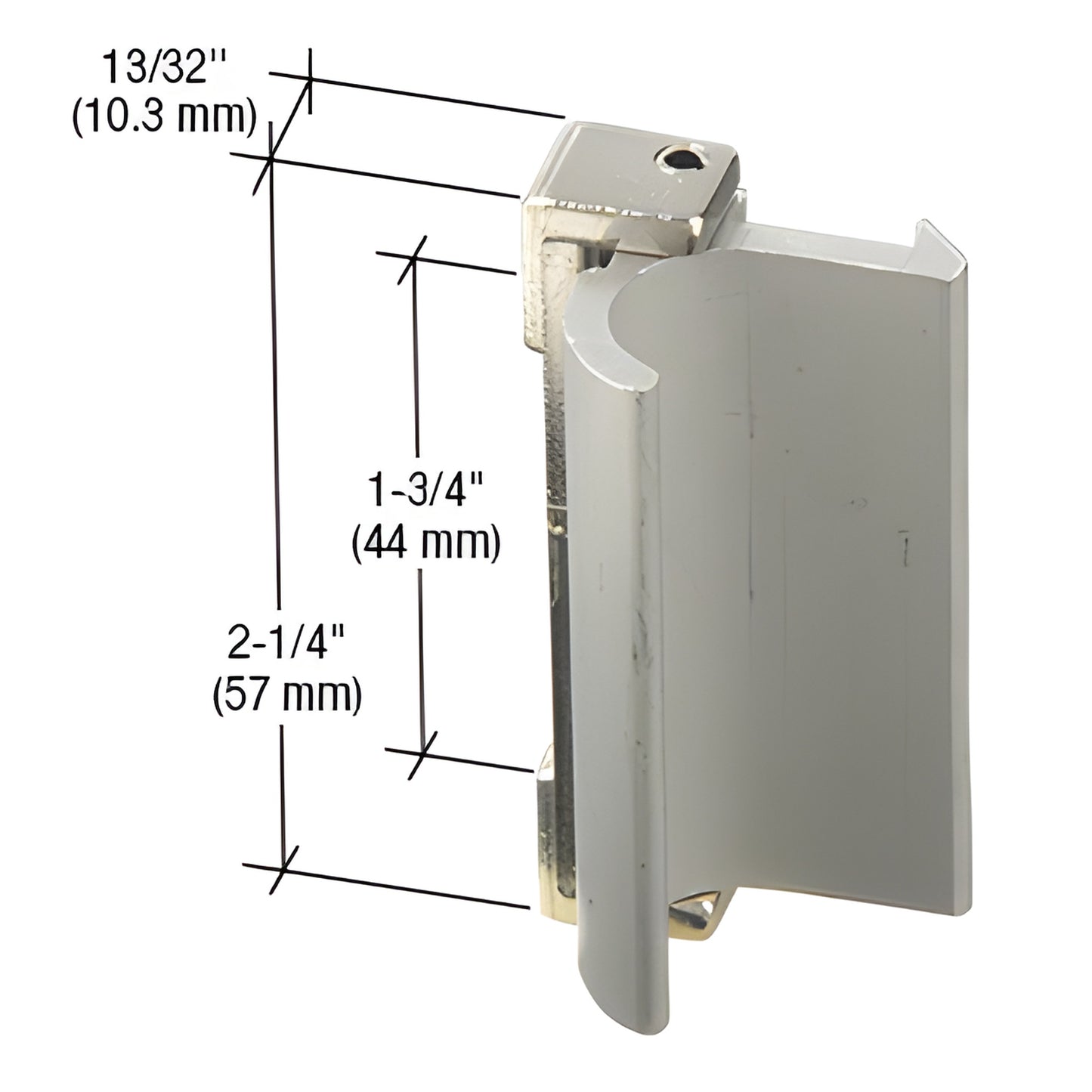 CRL sash latch & pull (SKU F2572), aluminum diecast for Keller windows, 2-1/4" length, 1-3/4" mounting hole spacing.