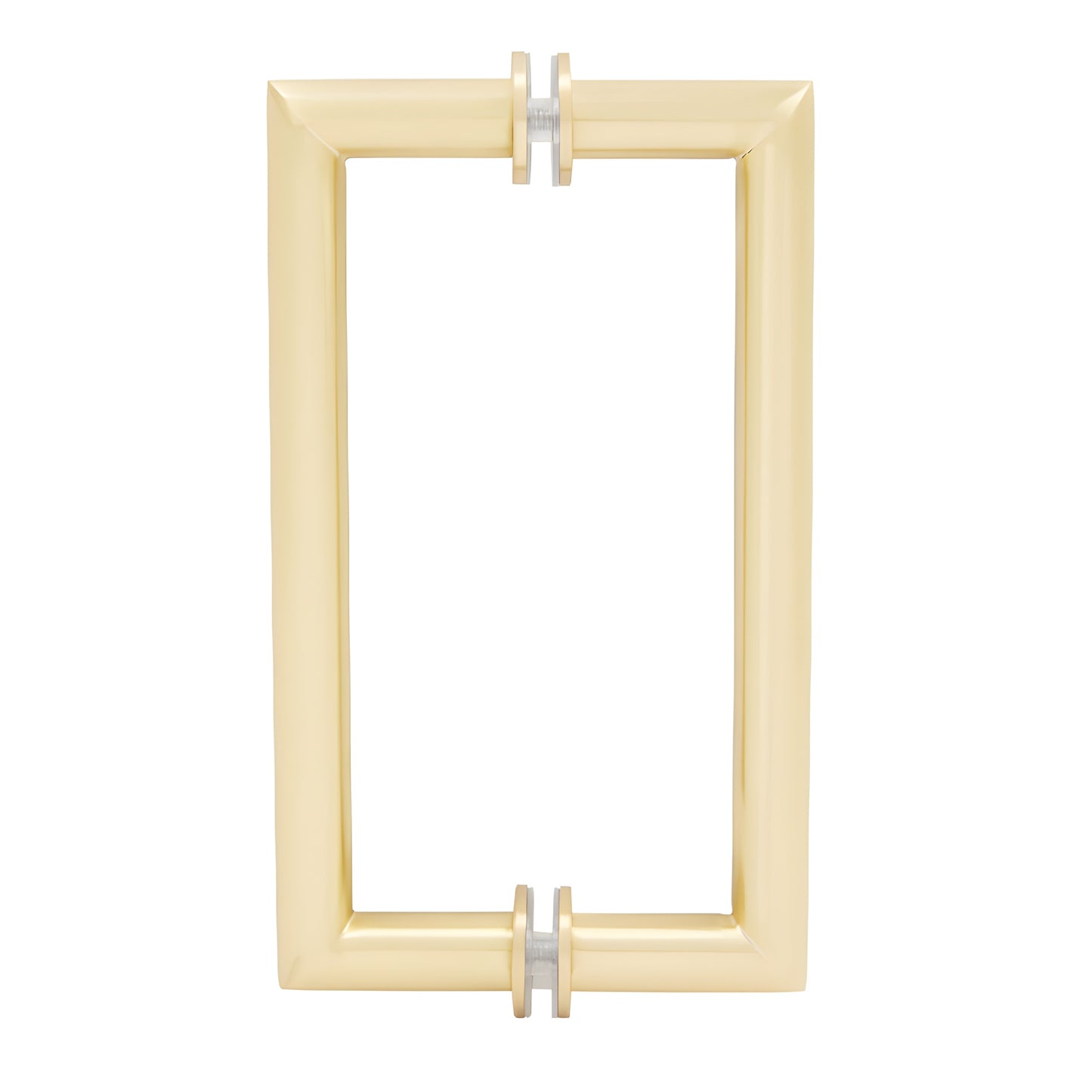 Satin brass squared mitered-corner back-to-back glass pull handle, 8in center, brass tubing (SKU MT8X8SB)