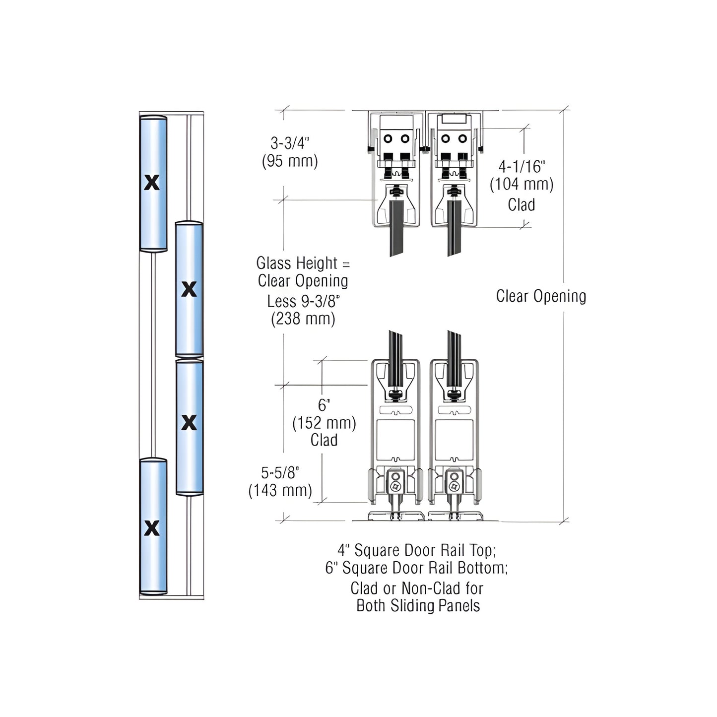 Technical drawing of CRL SDR bottom-rolling sliding door system (SKU 6SDR42FBS) showing 4" top and 6" bottom rails with dimen