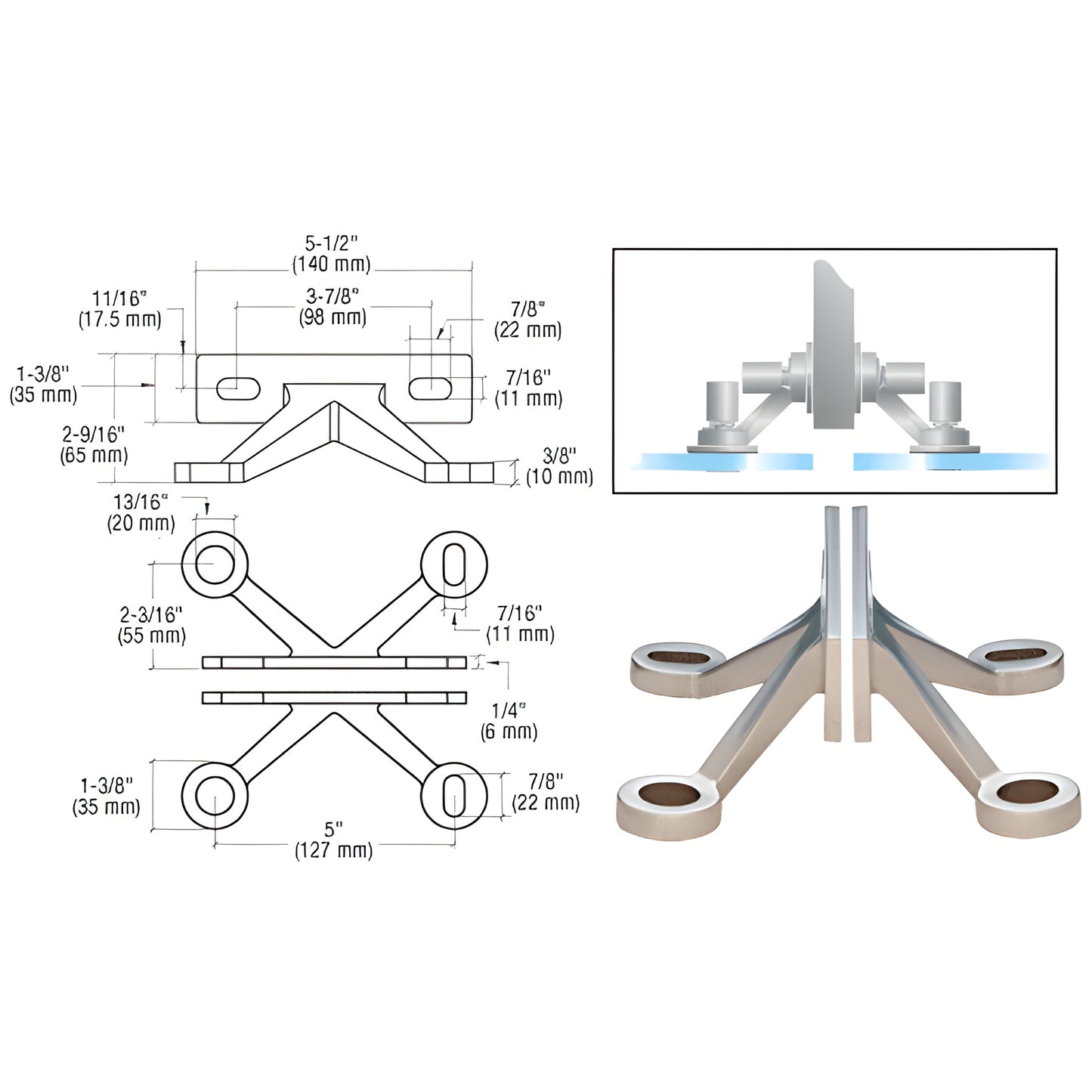 GRF4BS stainless steel V-shaped wall/fin mount fitting for two inline tempered glass panels, hardware included.