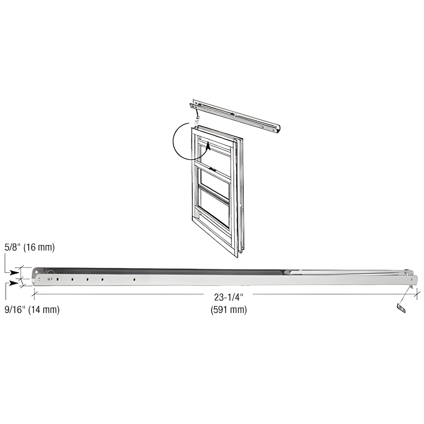 CRL FC162 mill 9/16" (14mm) overhead channel balance, 23-1/4" length - nylon-guide-free sash balance for aluminum windows