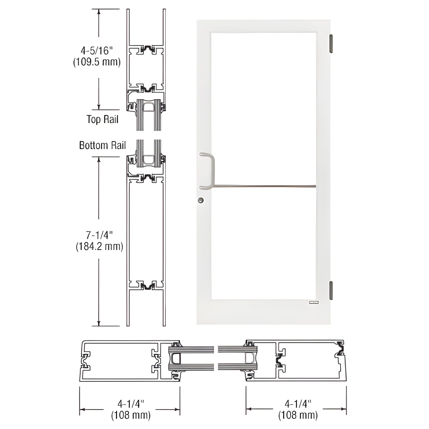 CRL medium stile white Kynar entrance door (SKU 1D41552) with 4-1/4" stiles, 7-1/4" bottom rail; fits 1" insulated glass.