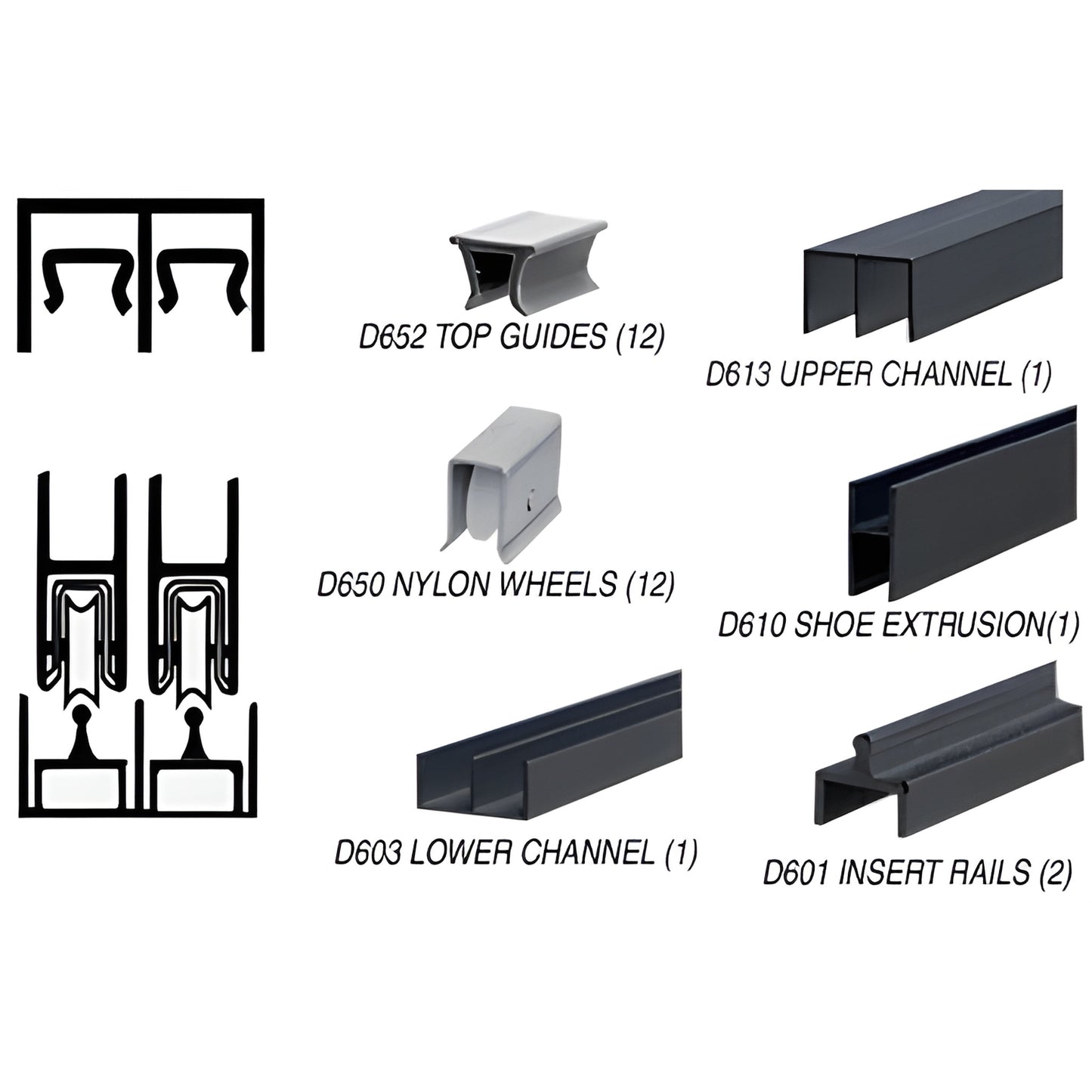 D2307BL flat black aluminum 12' sliding door track assembly with D650 nylon wheels and channel components.