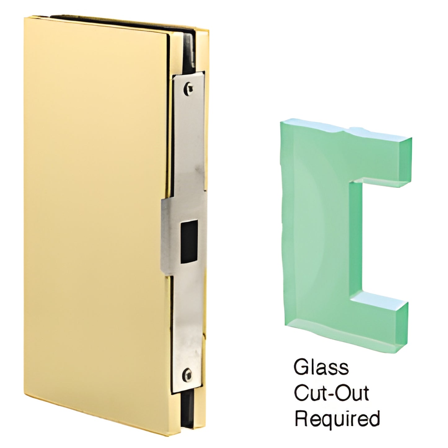 DLK410PB polished brass 4x10 center lock glass keeper for 1/2 in (12mm) tempered glass, shows required glass cutout