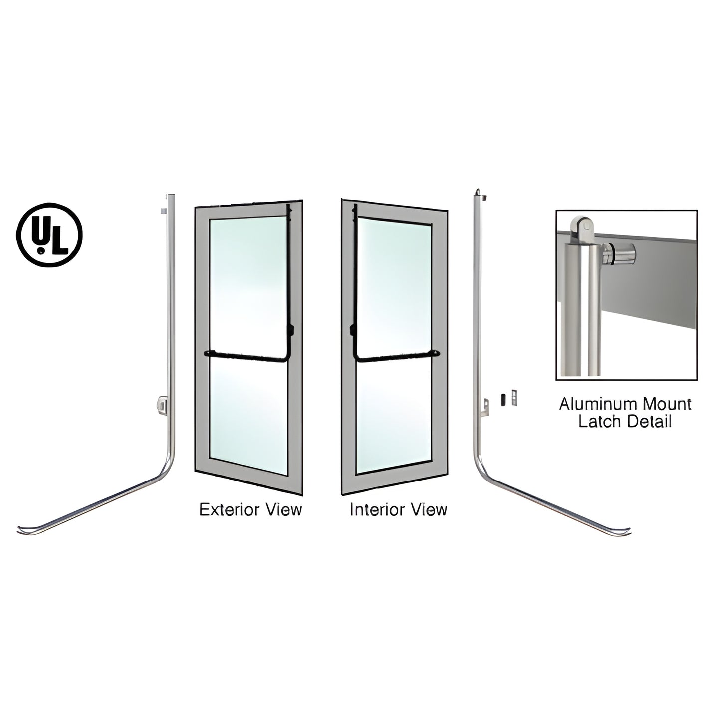 PA100D4AKBS brushed stainless steel tubular panic exit handle for 1/2-3/4" tempered glass doors, ADA-compliant, left-hand rev