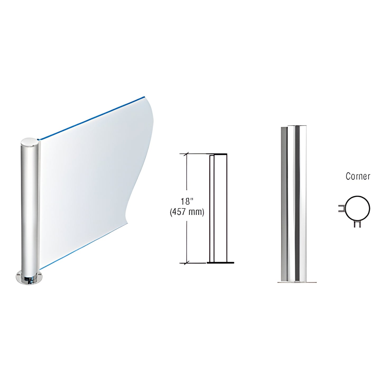 PP0818LPS: 18 in. polished stainless steel 1-1/2" round corner post with welded base and full-length U-channel for 1/4" glass