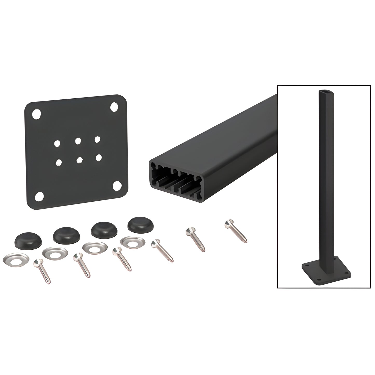 HPT42KBL matte black aluminum 42in surface-mount post kit with base plate, screws, stainless washers and color-match bolt cov