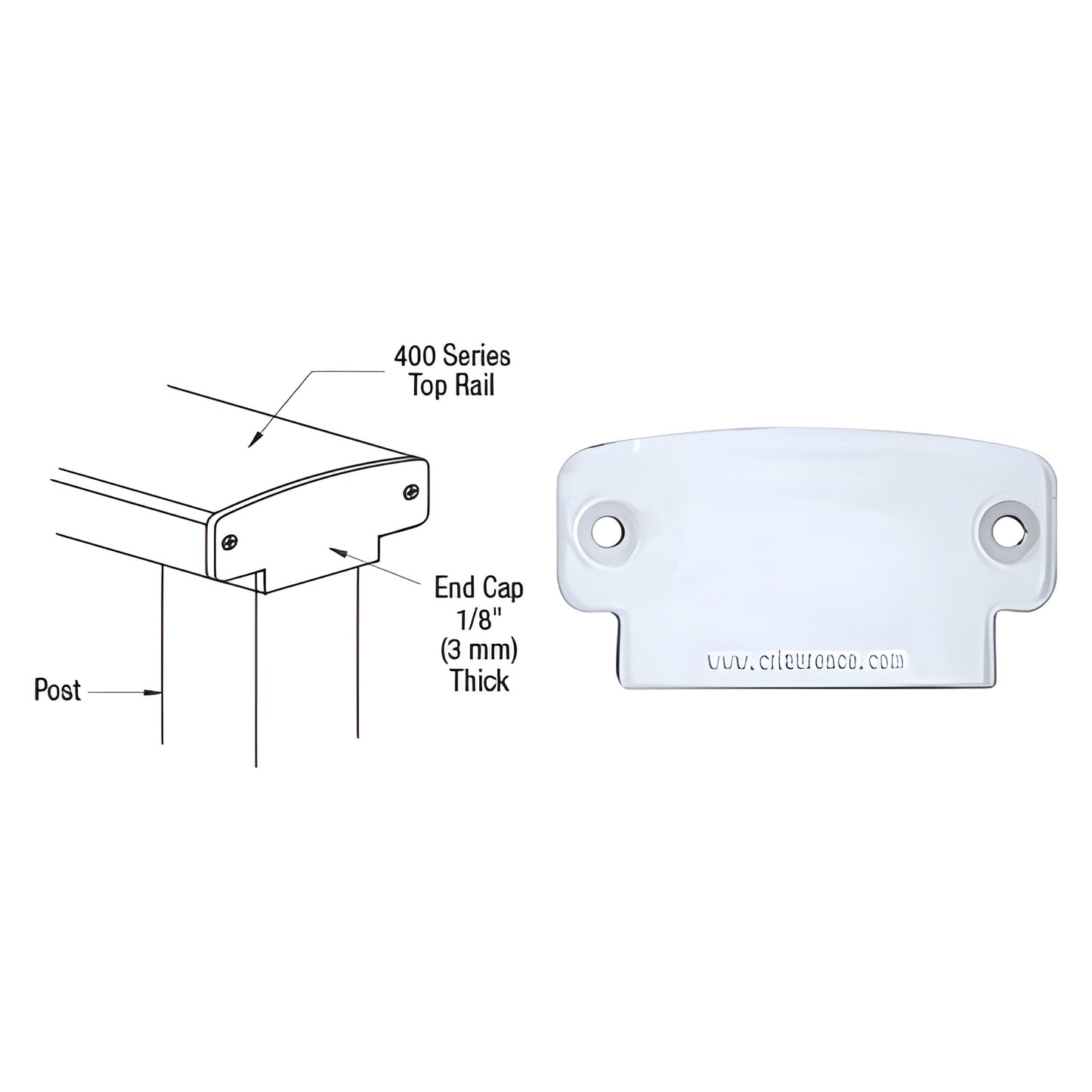 CRL 350 Series clear-anodized aluminum end cap (SKU 4DECCA), 1/8" thick, countersunk screw holes, fits top rail.