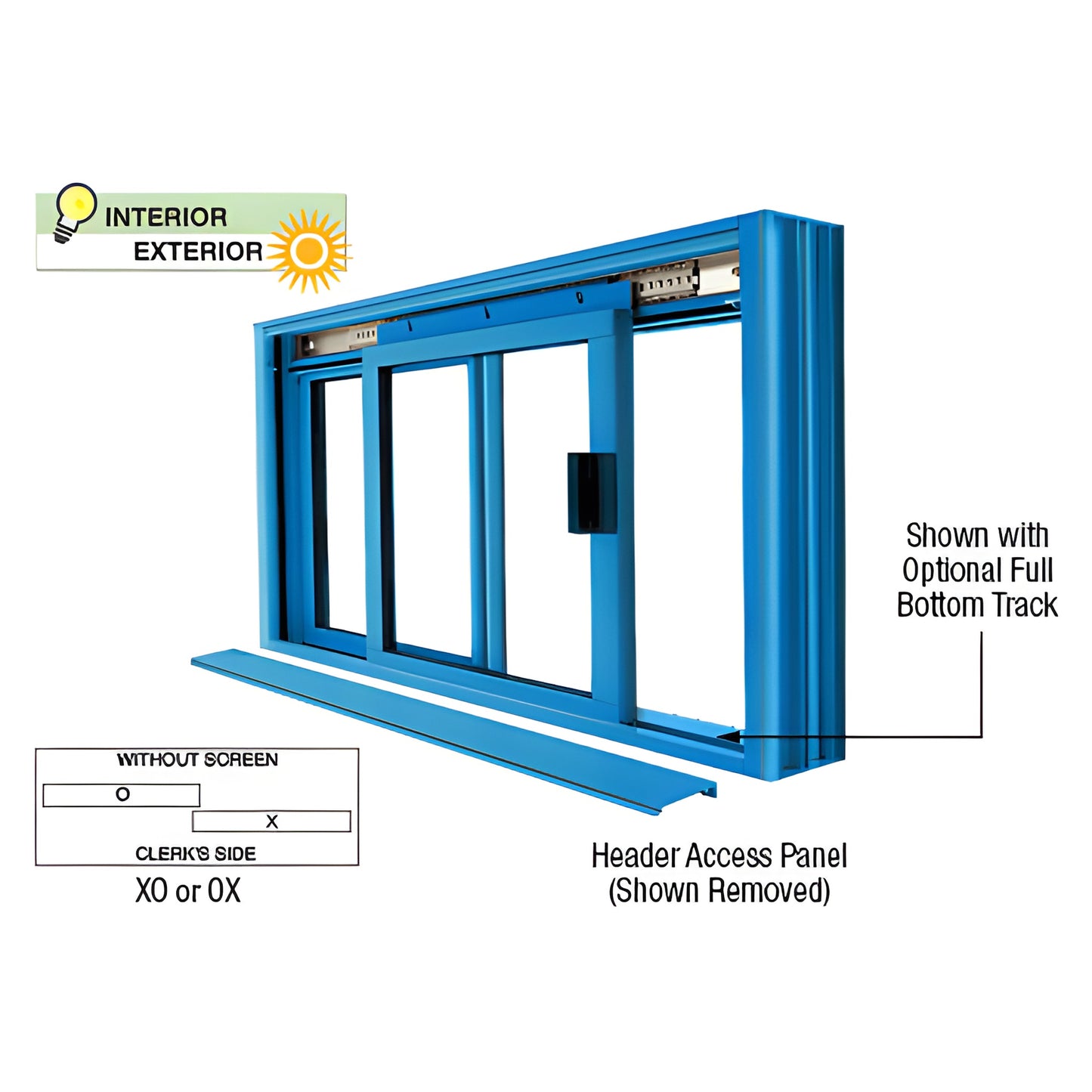 Blue powder-coated two-panel sliding service window (DW1800P), one fixed and one sliding panel, header access panel removed.