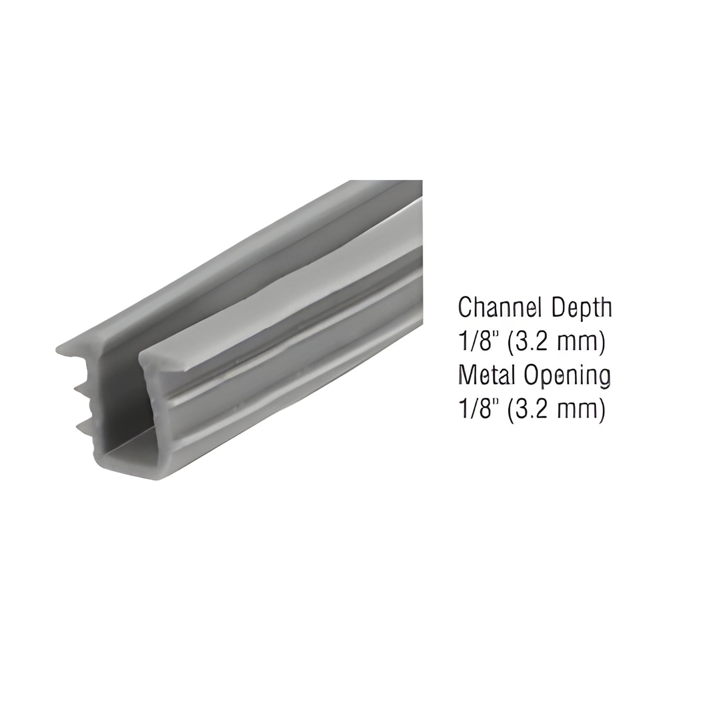 GC800C gray glazing vinyl strip, extruded 1/8" (3.2 mm) channel for single-strength glass, 100' roll.