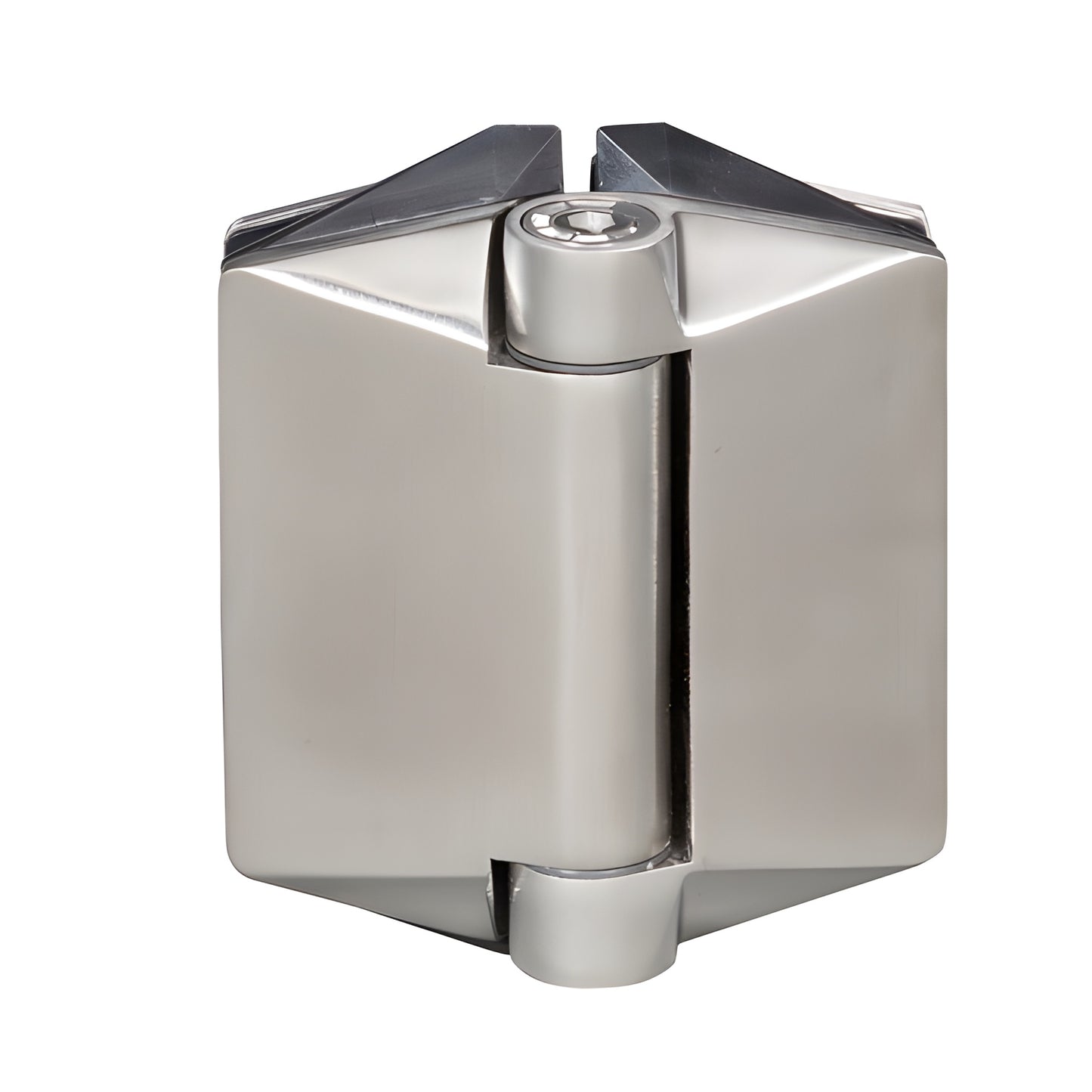 Polaris 125 soft-close frameless glass hinge, brushed 2205 stainless, for 10-12mm (3/8-1/2") glass - SKU P0L180125BS