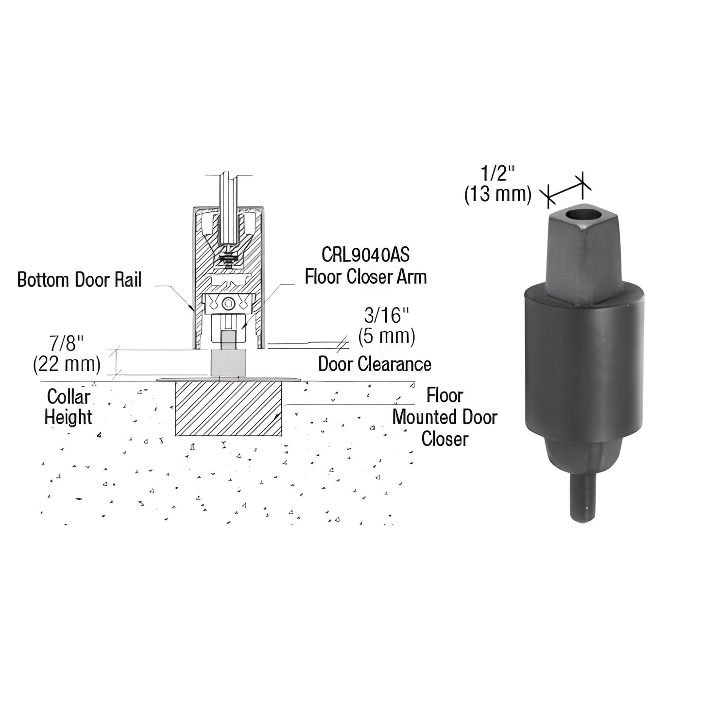 CRL9050S23 MAB aluminum tapered spindle, 7/8" collar height, for floor-mounted door closers, shown with installation diagram.