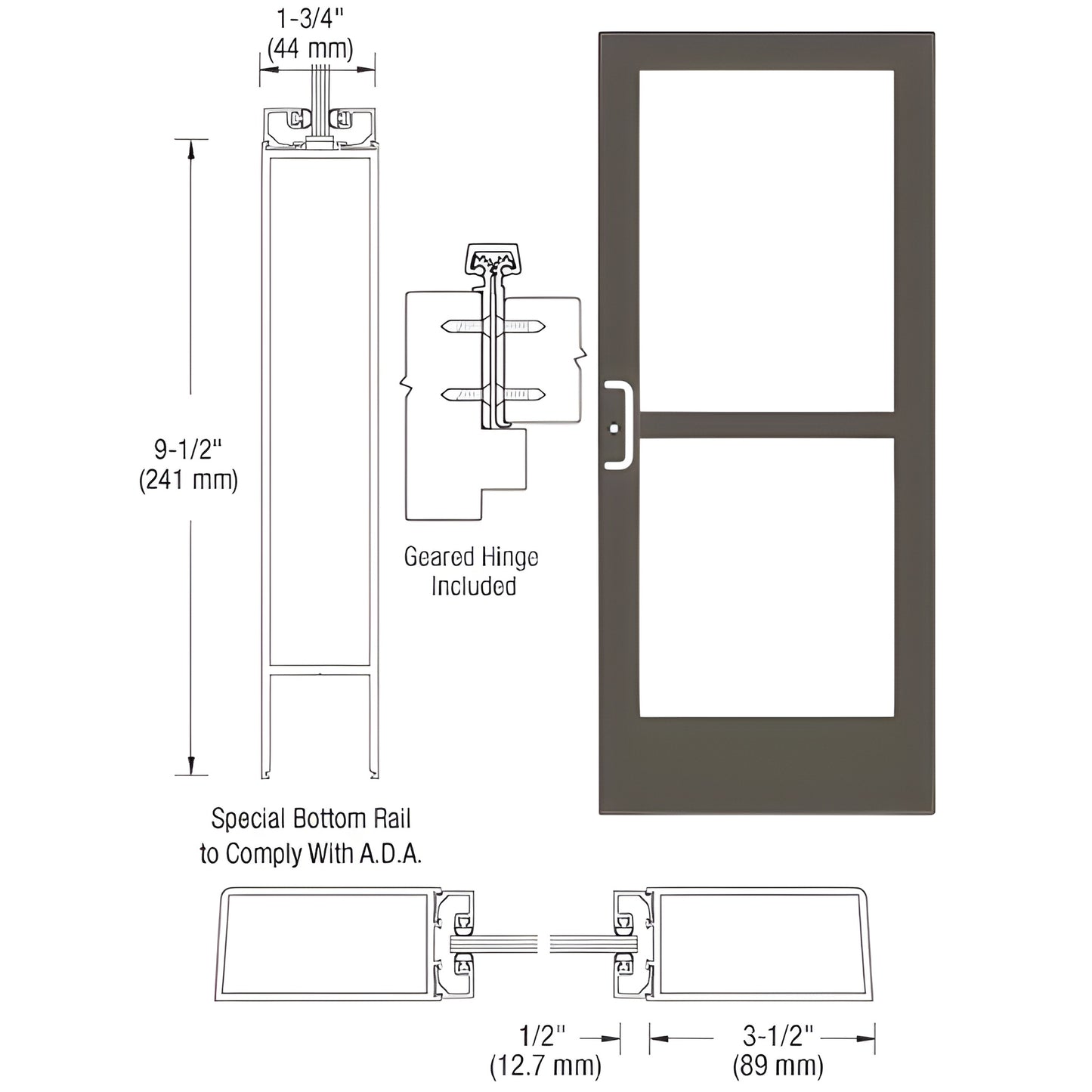 CRL CZ41822 medium stile commercial entrance door, black bronze anodized, 3-1/2" stiles and 9-1/2" ADA bottom rail.