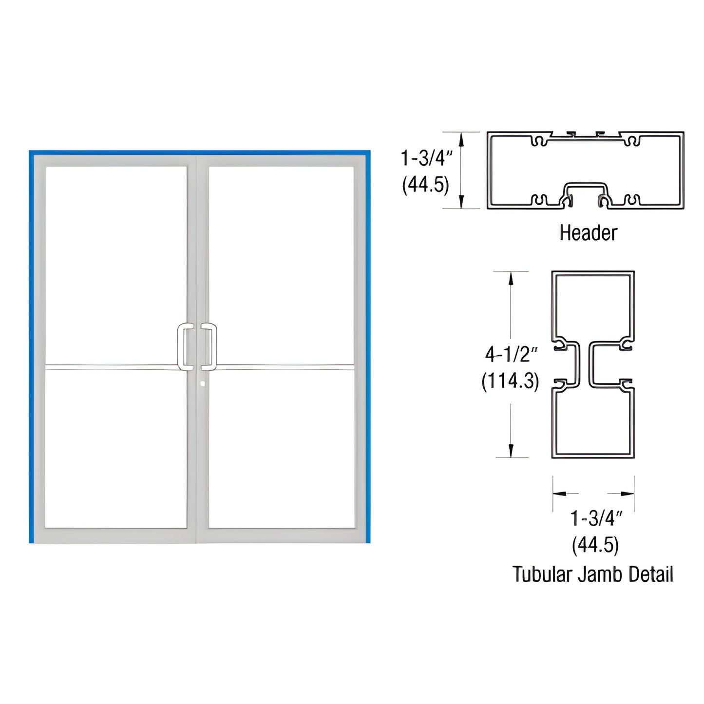 Double glass gear-hinge door frame (72 84) in custom Kynar with pull handles; header and tubular jamb profile diagrams.