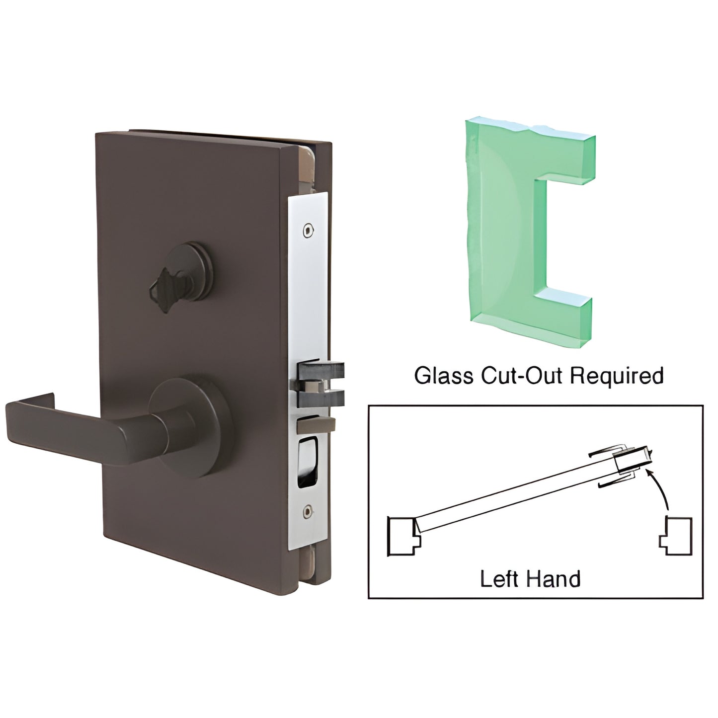 Black bronze 6x10 center lock deadlatch for 1/2 in (12 mm) tempered glass doors, left-hand lever. SKU DL610L0DU