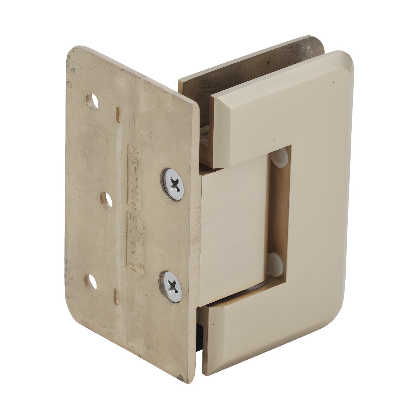 CRL Pinnacle satin brass offset wall-mount glass shower hinge, beveled edge, for 8-12mm tempered glass (SKU P1N044SB)