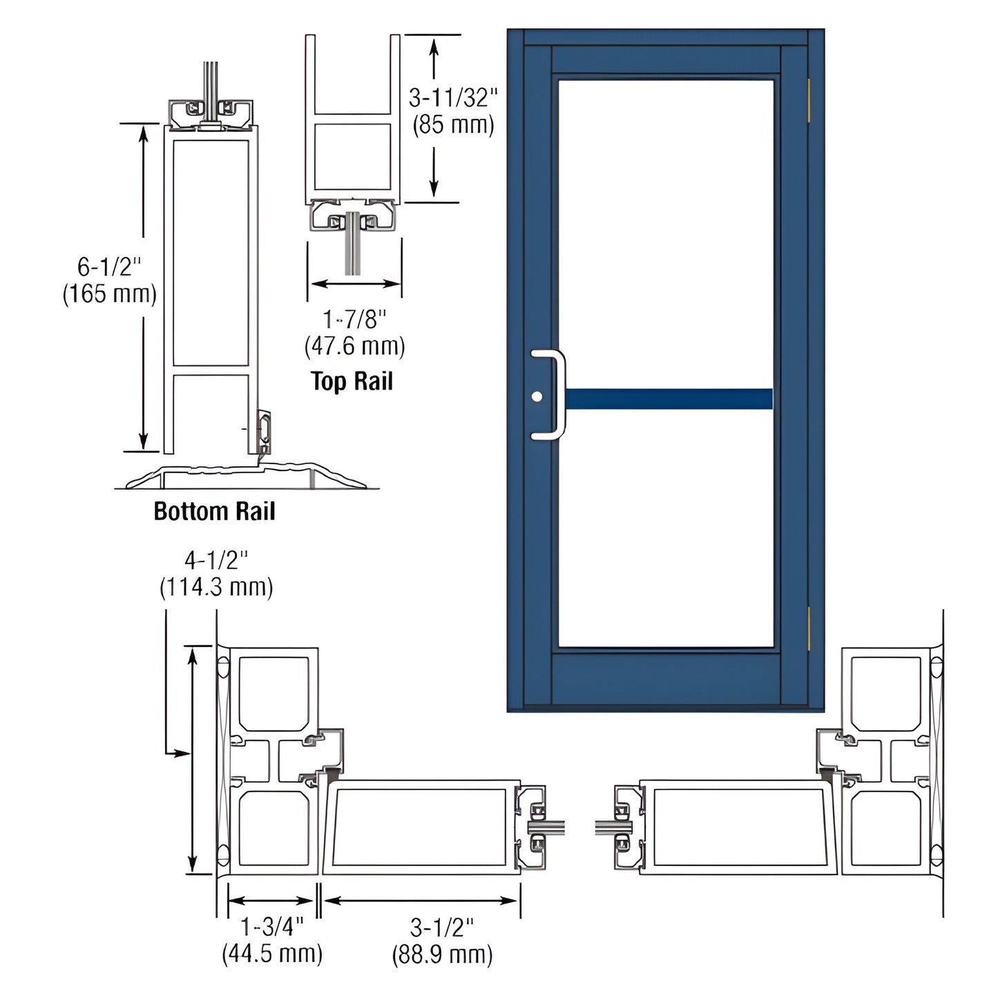 Blue commercial Durafront MS entrance door (SKU DZ81571), glass panel with panic pull, 6-1/2" bottom rail, Custom Kynar finis