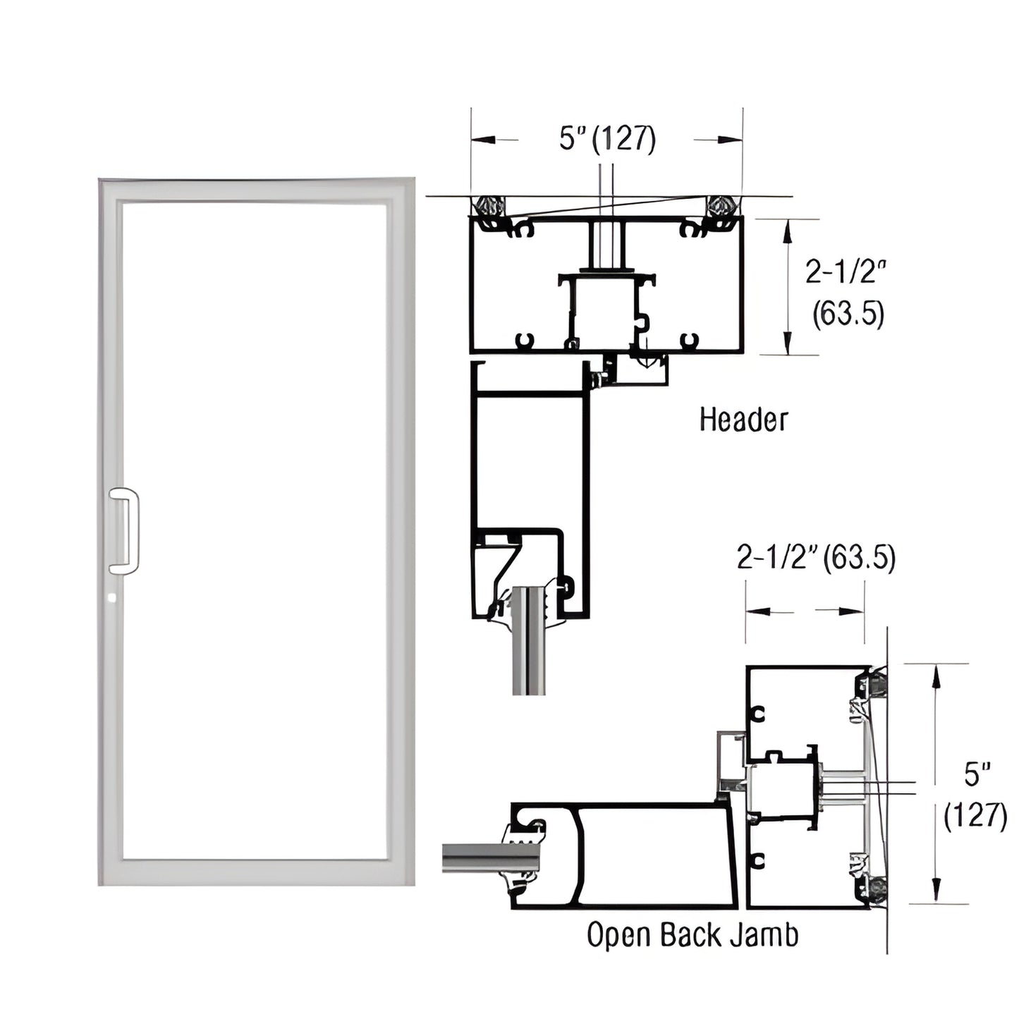 Clear anodized 2-1/2 x 5 in hurricane impact single up-over door frame drawing with threshold/jamb details SKU 0F41811
