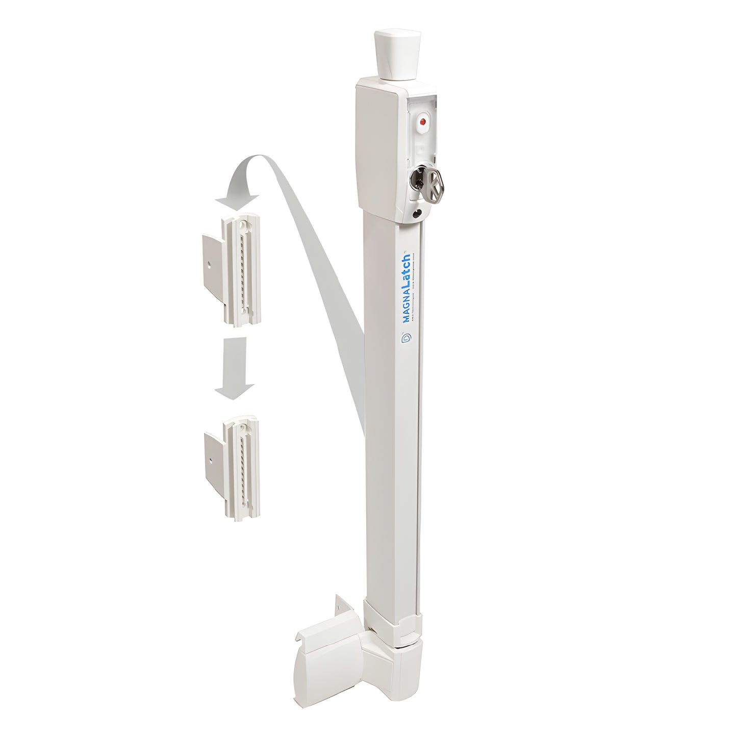 White CRL Magna-Latch Series 2 magnetic self-latching, key-lockable pool gate lock (SKU LL1MW) with adjustable post.