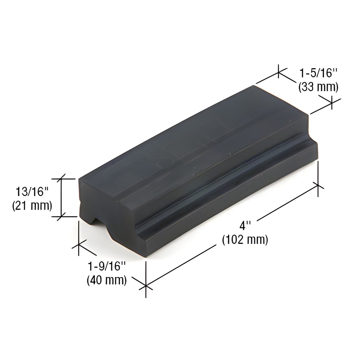 Black EPDM storefront setting block (SB917), 4 in long, 1-5/16 in glazing support, dimensional diagram.
