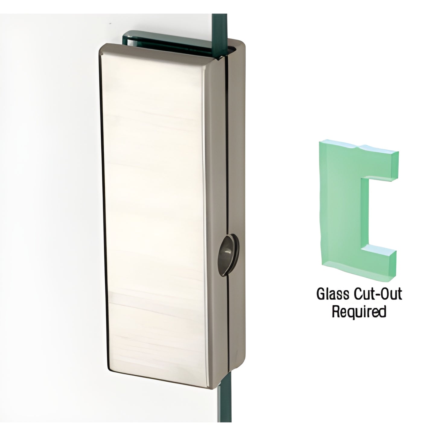 DTK36BS brushed stainless steel low-profile rectangular glass keeper on 1/2 in tempered glass.
